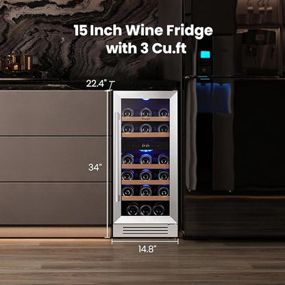 Yeego Wine Fridge Cooler - 15 Inch Dual Zone Wine Fridge Hold 28 Bottles, 40-65°F Wine Refrigerator Glass Door, Built in, Freestanding Under Counter Fridge for Beer Soda Drink Home Bar Office
