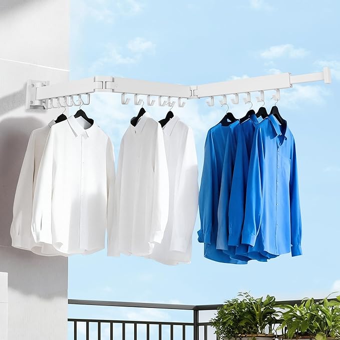 Clothes Drying Rack Wall Mounted, Retractable Collapsible(Tri-Fold) Space Saver, White with 18 Hooks for Laundry Room Organization Apartment Balcony Bathroom