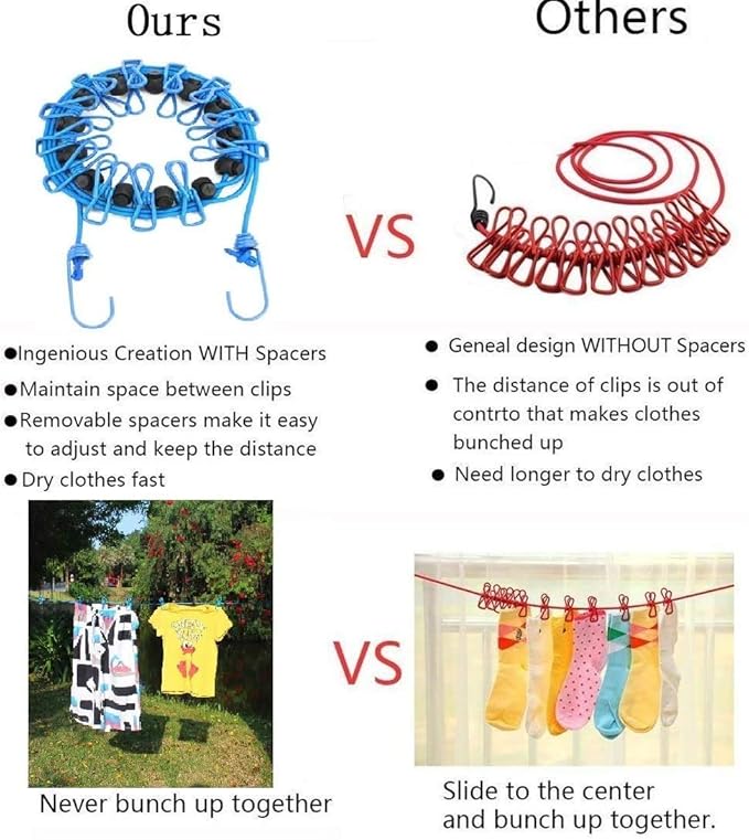 1 Pack Portable Clothesline with 12 Clothespins, Windproof Travel Clothesline Stretchy Retractable Elastic Laundry Clothes Line for Backyard, Vacation Hotel, Balcony Clothes Drying Line