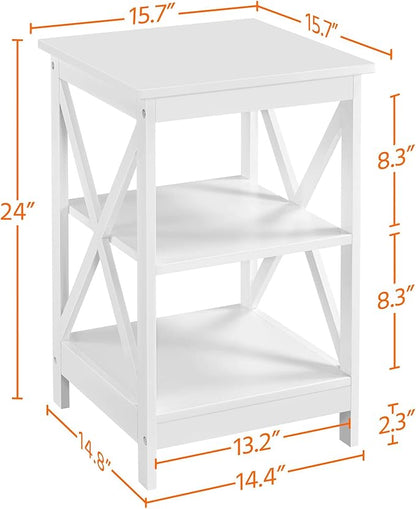 Yaheetech 3 Tier Sofa Side End Table with Shelf, X Shaped Sturdy Large Chair Side Snack Table for Living Room, Display Unit Organizer, White, 15.7 x 15.7 x 24’’ (L x W x H)