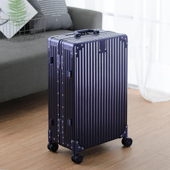 Metal All Aluminum Carry-on Luggage TSA Customs Lock Zipperless Silent Rotary Wheel Business Suitcase Aluminum Frame Set (blue, 2Piece(20/26))