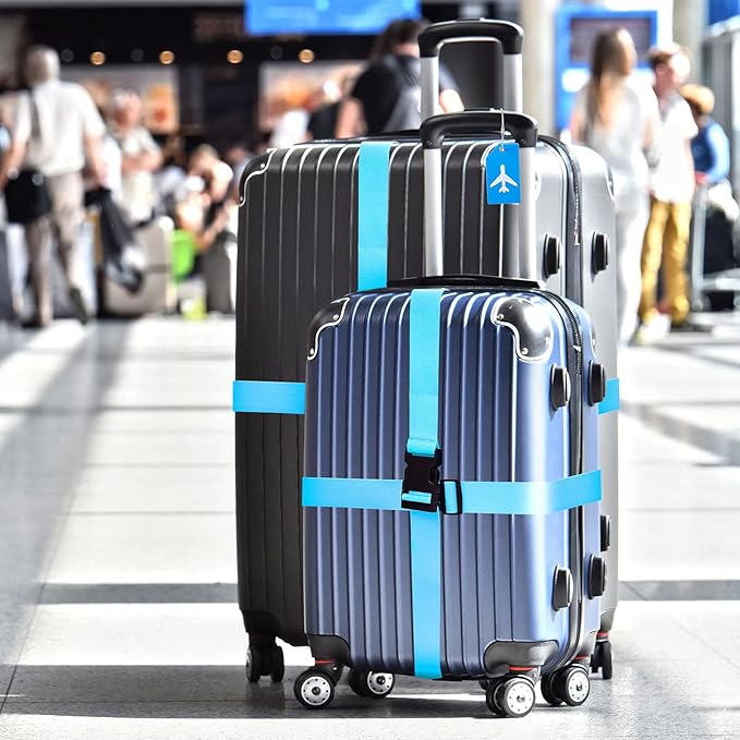 Weewooday 8 Pcs Luggage Straps Suitcase Tags Set for TSA Approved, 4 Travel Adjustable Suitcase Belt, 4 Silicone Luggage Tags with Name ID Card Travel Accessories(Blue,Airplane)