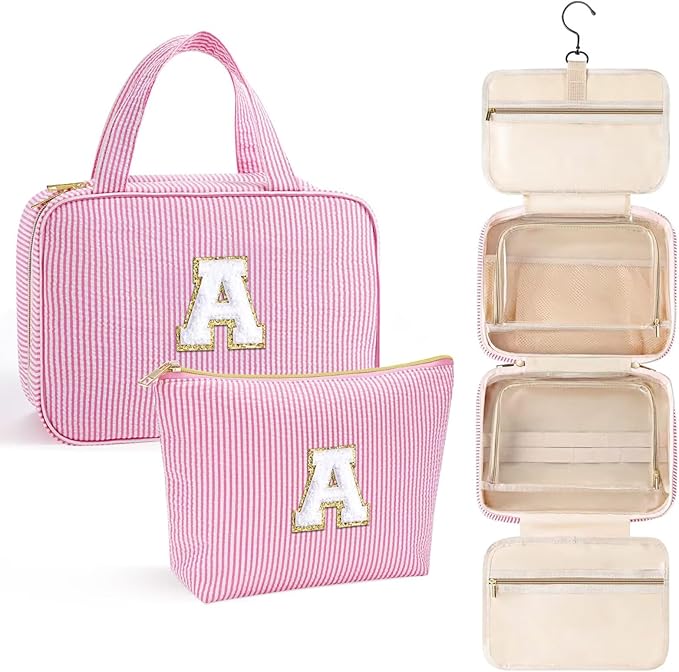 YOOLIFE Hanging Toiletry Bag Makeup Bag for Women Girls, Initial Toiletry Bag Cosmetic Bag, Personalized Birthday Gifts for Women Teen Girls, Letter A, Pink