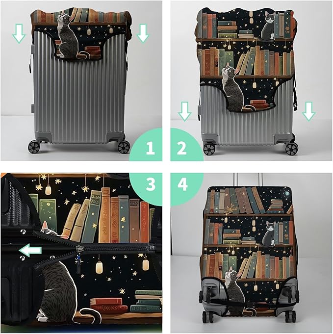 Luggage Cover + Tag, Cat Library Travel Suitcase Protector for 22-24 inch Luggage (M) with Concealed Zipper, Washable Elastic Cloth, Dustproof, Anti-Scratch