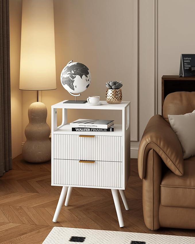 White Nightstand, Modern Bedside Table with 2 Storage Drawer and Open Wood Shelf, for Bedroom and Small Spaces, Night Stand with Solid Wood Legs