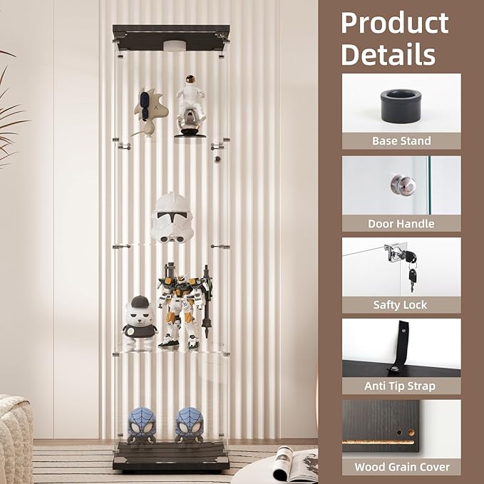 Beauty4U Glass Display Cabinet with Light, 4 Shelves, Curio Cabinets for Living Room, Bedroom, Office, Black Floor Standing Glass Bookshelf, Quick Installation