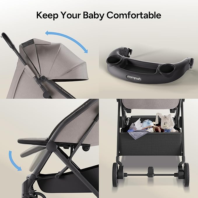 Mompush Lithe V2 Lightweight Travel Stroller, Compact Foldable Baby Stroller with Travel Bag, One-Hand Fold Stroller, Snack Tray, Mechanical Recline Seat, Airplane-Ready, Organizer & Rain Cover