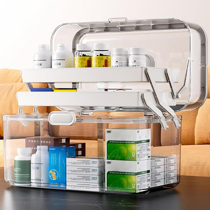 3-Tier Portable Medicine Storage Box, Medical Organizer with Removable Small Medicine Box, Dustproof & Moisture-Proof, Family Size with Transparent Visual Design, Suitable for Home&Travel Use (Clear)