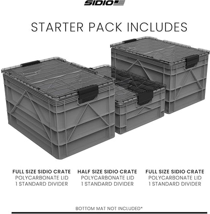 SIDIO CRATE Starter Pack - Two Full Size and One Half Size SidioCrate, Stackable Outdoor Organizer Storage Bins with Clear Lid and Dividers - Gray