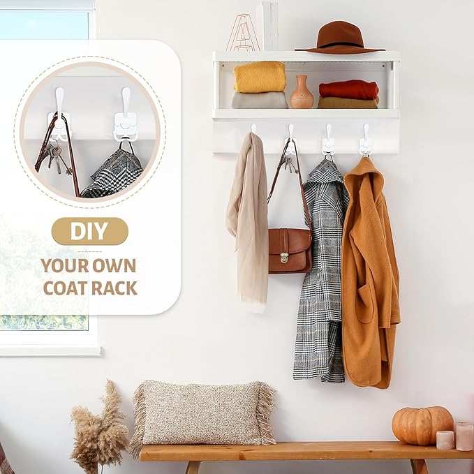 VIS'V 3 Prong Coat Hooks Wall Mount, Metal Self Adhesive Entryway Wall Hooks, 2 Mount Options, White, 4 Pcs