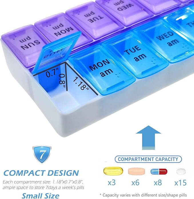 VOFOON Travel Pill Organizer 2 Times a Day, PU Leather Portable Pill Case for Women/Men, 7 Day AM PM Pill Box with Travel Pouch Medicine Organizer for Vitamins Medicine Fish Oils Supplements (Small)