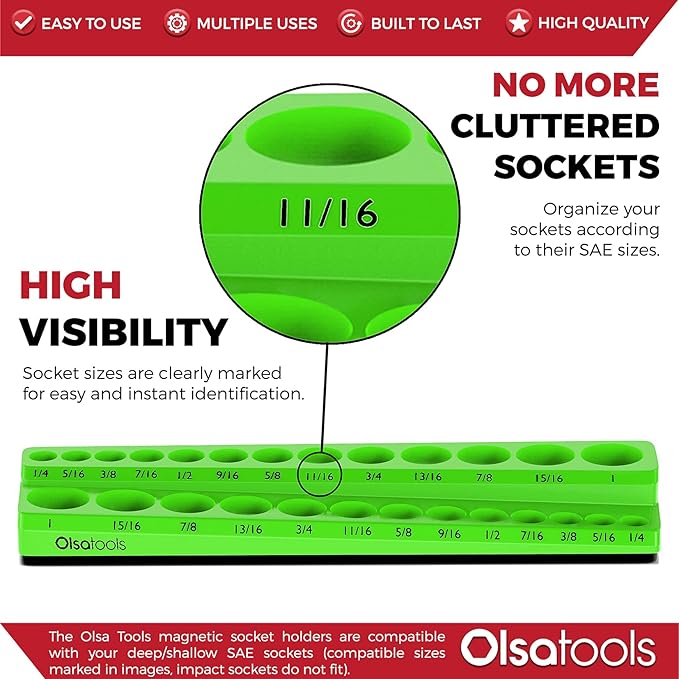 Olsa Tools Magnetic Socket Organizer | 3/8-inch Drive | SAE | Green | Holds 26 Sockets | Professional Quality Tools Organizer