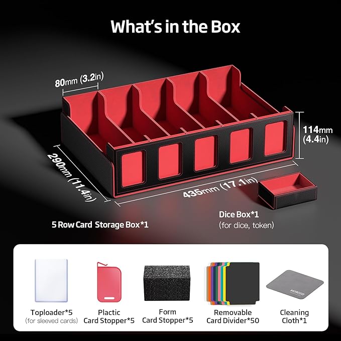 Trading Card Storage Box 5-Row 3900+ Capacity,TCG MTG Card Case with Magnetic Lid & Commander Display,Top Loader Storage for Sports Cards,Includes Dividers Dice Box（Black＆Red）