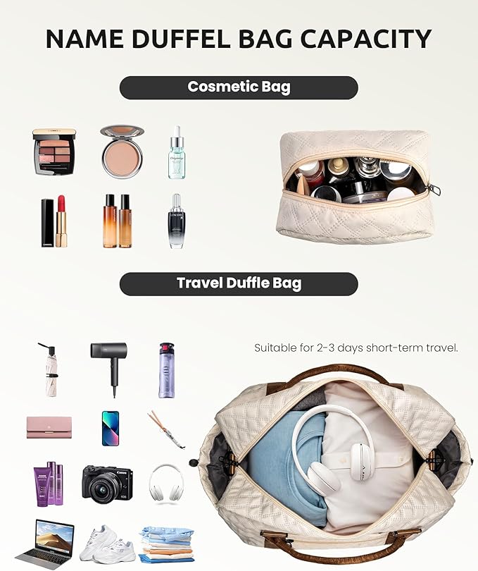 Initial Duffle Bag with Shoe Compartment, Personalized Weekender Bag, Monogram Overnight Bag for Women with Trolley Sleeve & Wet Pocket, Letter Travel Bag with Makeup Bag (Letter D), Beige