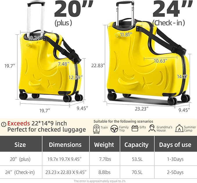 Hardside Ride on Kids Luggage with 4 Spinner Wheels for Girls and Boys, Rolling Childrens Travel Suitcase with Seat and Safety Belt for Toddler Ages 2-12 (Yellow, 25-Inch Checked)