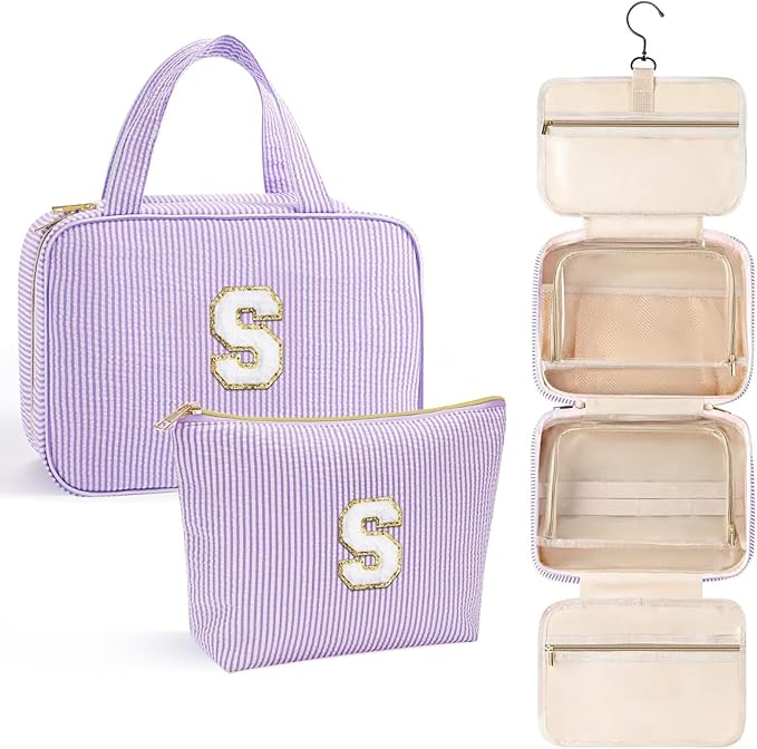 YOOLIFE Hanging Toiletry Bag - Large Capacity Personalized Travel Toiletry Bag for Women, Cruise Ship Essentials - Letter S, Purple
