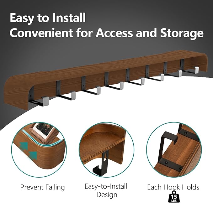 Coat Rack Wall Mount with Hidden Hooks Modern Key Holder Wood Entryway Hook with Shelf for Bedroom Kitchen Hallway Bathroom Designed for Hanging Coats Hats Bags Towel Dog Leashe(Walnut,8 Hooks)