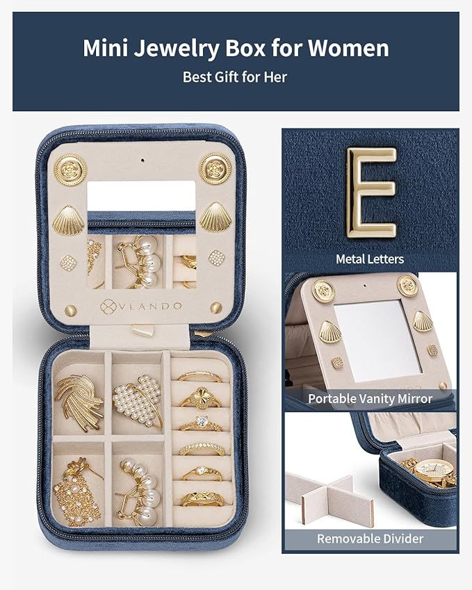 Vlando Teacher Must Haves, Personalized Initial Jewelry Case, Back to School Gift, Teacher Appreciation Gift, Travel Jewelry Case with Initial - Letter E, Dark Blue