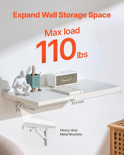 VEVOR Wall Mounted Folding Table, 31.5 x 15.7 inches Wall Mount Table, Floating Desk with Iron Bracket for Small Spaces, Home Office, Dining, Laundry Room, Kitchen, Bar, White