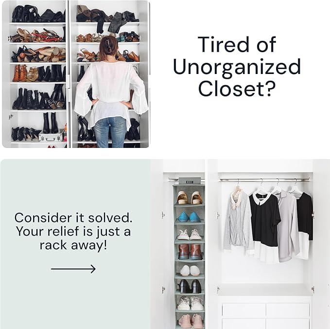 Boxy Concepts 10-Shelf Hanging Hat Organizer for Baseball Caps - Grey Contemporary Fabric - Space-Saving Baseball Cap Organizer & Closet Storage - Wall-Mount Hat Rack & Shoe Rack