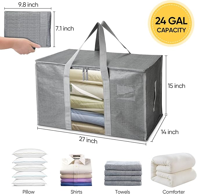 BALEINE 2-Pack Oversized Moving Bags with Reinforced Handles, Heavy-Duty Storage Tote for Clothes, Moving Supplies (Grey with Window, 2-Pack)