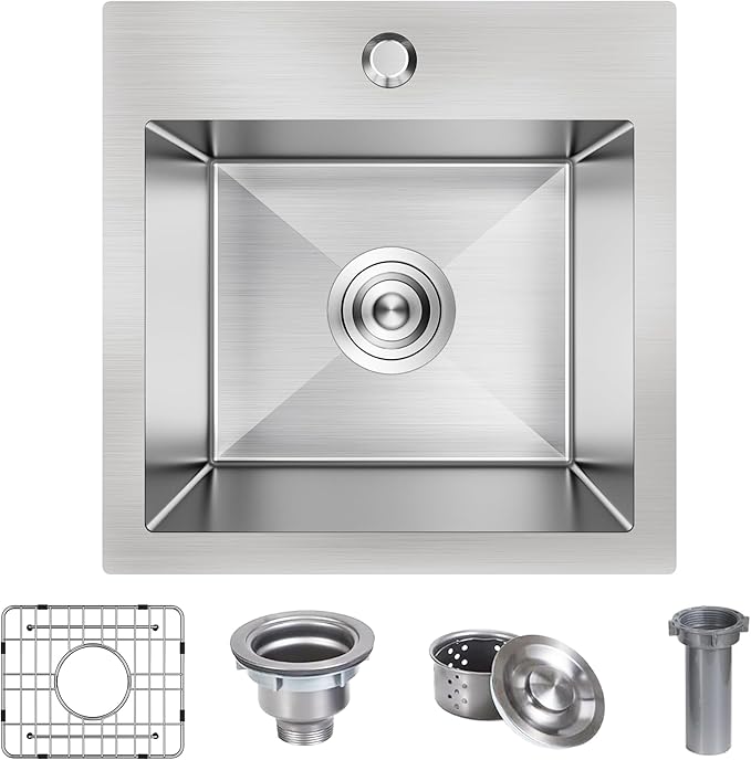 15 x 15 Inch Drop In Bar Sink, Small Kitchen Sink Single Bowl Topmount Bar Prep Sink 18 Gauge Stainless Steel Bar Sink with Grid and Basket Strainer