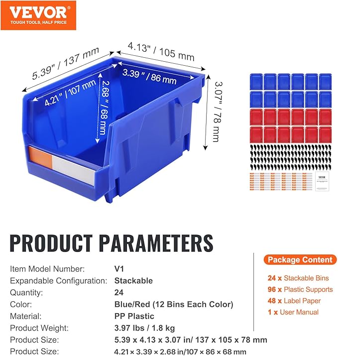 VEVOR Plastic Stackable Storage Bins 24 Pack (5 x 4 x 3-Inch), Hanging Stackable Storage Organizer Bins, Heavy Duty Stacking Containers for Closet, Garage, Office, or Small Parts Organization