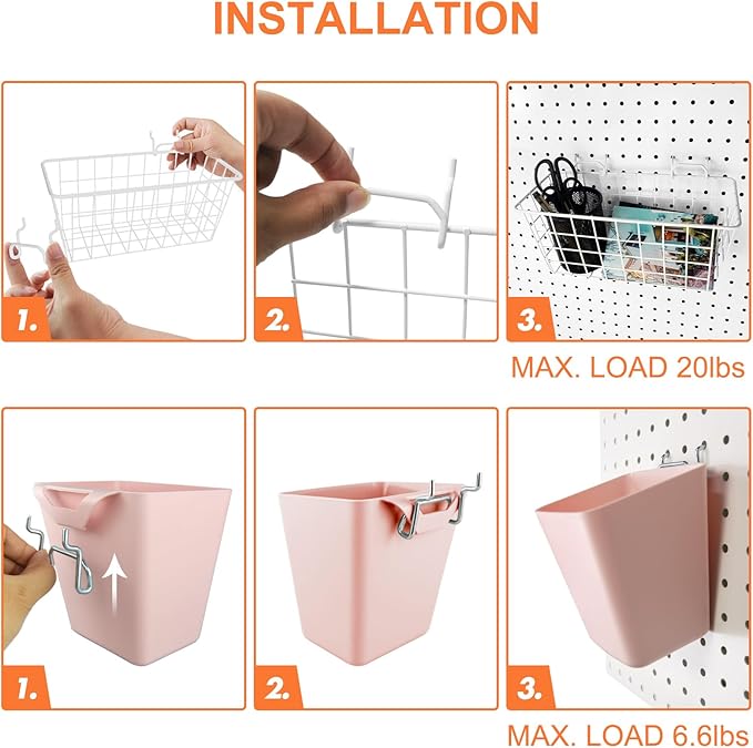 Pegboard Basket Organizers, Peg Board Large Baskets Hooks Bins Cups Tool Organizer 6 Pack Set, Wall Storage Display Hanging Accessories for Craft Office Stadio Shed Garage Organization (White & Pink)
