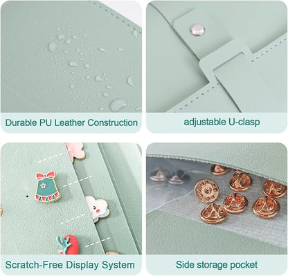 Enamel Pin Display Book - 4 Page Leather Travel Organizer for Collectors, Portable Lapel Pin Holder with Secure Storage, Compact Pin Trading Book (Sage Green)