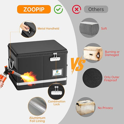 Fireproof Document Box,5200°F File Organizer Box with Lock,Foldable Filing Organizer Cabinet, Portable Safe Storage for Hanging Letter/Legal Folder,Black