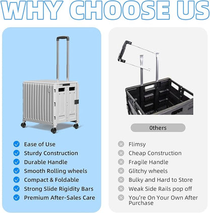 Folding Utility Cart (Gray), 4 360° Swivel Wheels Collapsible Rolling Crate with Lid, Heavy-Duty for Office/Home/Luggage, Teacher - Minimalist Style