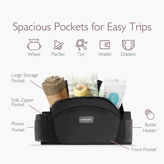 Momcozy Hip Seat Baby Carrier - Adjustable Waistband with Original 3D Belly Protector, Ergonomic Carrier with Various Pockets for Newborns & Toddlers up to 45lbs (Black, Large)