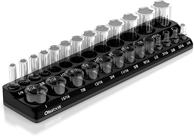 Olsa Tools Magnetic Socket Organizer | 3/8-Inch Drive | SAE | Black | Holds 26 Sockets | Professional Quality Tools Organizer