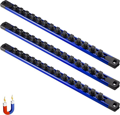 ALOANES 3-Piece Magnetic Socket Organizer, Heavy Duty Aluminum Socket Rails Organizer, 360° Swivel Clips Socket Holder Kit for Tool Box, 3/8-Inch Socket Holder x 42 Clips (Blue)
