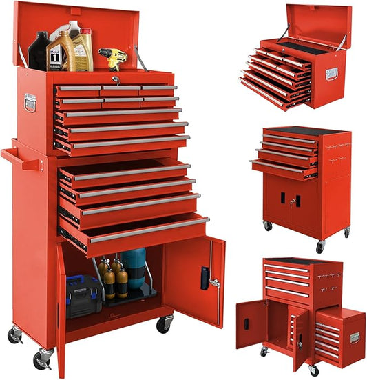 13-Drawer Rolling Tool Chest with Double Doors, 2 in 1 Detachable Rolling Tool Chest with Drawers, Metal Large Lockable Tool Box，Mobile Tool Cabinet Combo for Garage Workshop (Red)