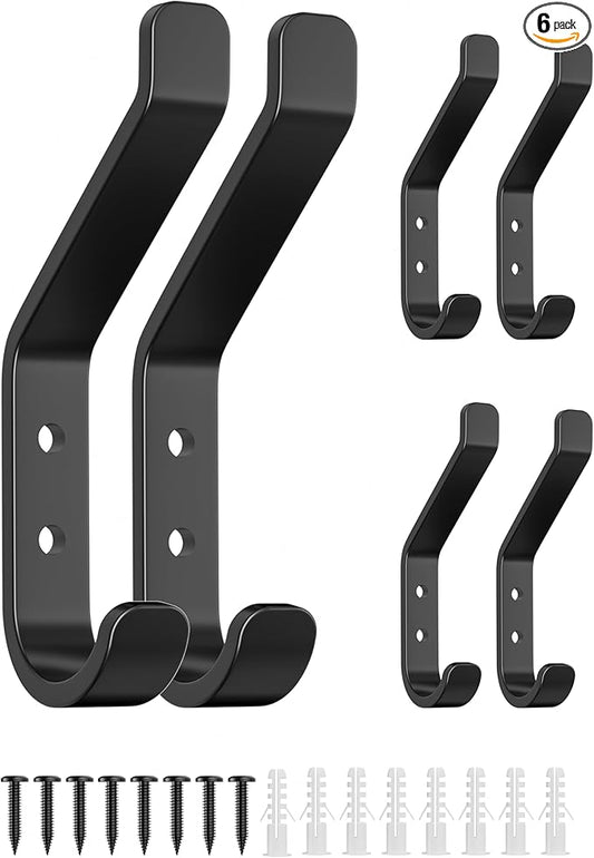 Coat Hooks Wall Mount for Hanging: 20LB Sturdy Hanger for Backpack, Towel, Bag, for Closet, Bathroom, Door, Mushroom, Stainless Black 6 Pack, 3.75"