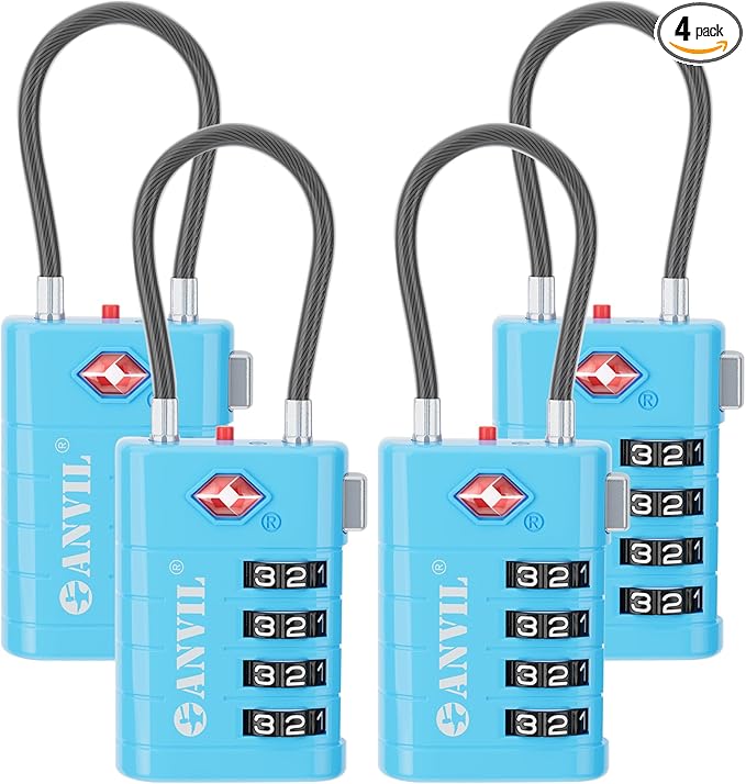 ANVIL 4 Digit Luggage Locks, TSA Locks for Luggage, Advanced TSA008 core, Alert Indicator for Your Travel Lock, Suitcase Lock. (4, Blue)