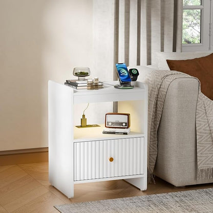 HIFYOBRO 21.6" Tall Fluted Nightstand Set, End Table with Charging Station and LED Light, Modern End Side Table with Drawer (White)