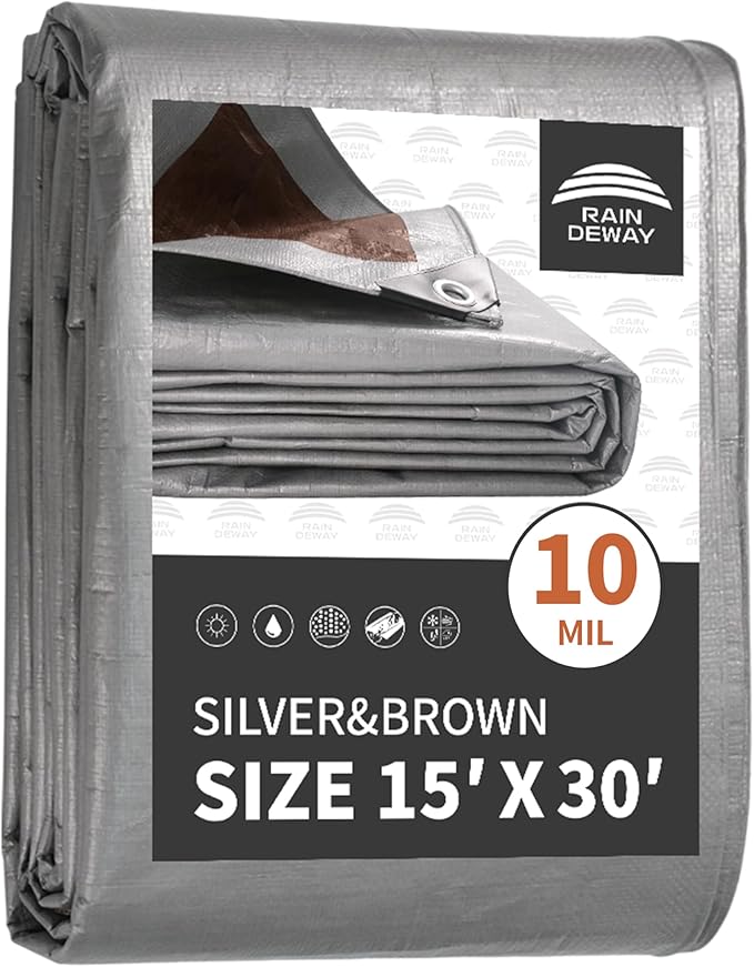 Tarps Heavy Duty Waterproof 15x30 Feet, 10Mil Multipurpose Large Tarp Cover with Metal Grommets and Reinforced Edges, Silver/Brown Tarp by RAINDEWAY
