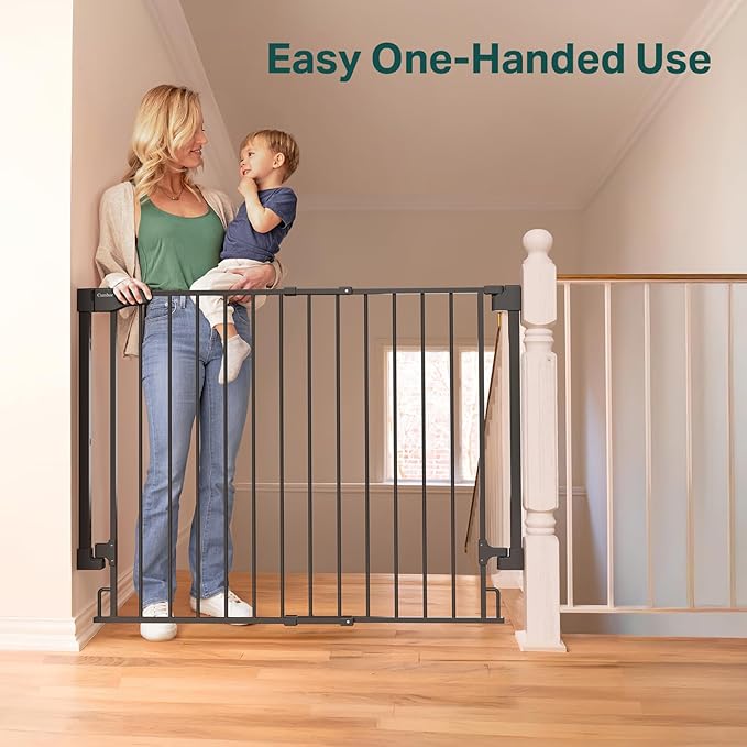 Cumbor 34" Extra Tall No Bottom Bar Baby Gate for Stairs, Wall Mounted Dog Gate Indoor for Larger Pets, Expandable 29.2-43" Safety Gate for Doorways, Wide Walk Thru Door for Easy Access (Black)
