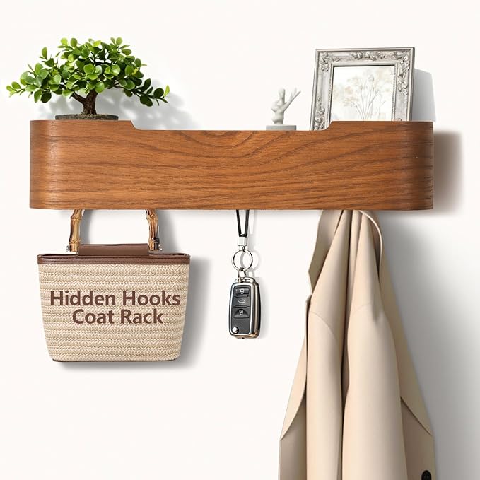 Coat Rack Wall Mount with Hidden Hooks Modern Key Holder Wood Entryway Hook with Shelf for Bedroom Kitchen Hallway Bathroom Designed for Hanging Coats Hats Bags Towel Dog Leashe(Walnut,4 Hooks)
