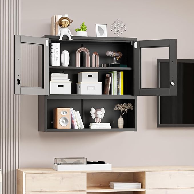 VINGLI Metal Wall Cabinet with Locking Glass Doors & Magnetic LED Sensor Light, Adjustable Shelf, Wall Mounted Storage Display Cabinets for Garage, Kitchen, Home Office, Warehouse, Living Room, Black