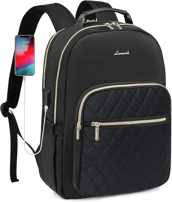 LOVEVOOK Laptop Backpack Purse for Women, Work Business Travel Computer Bags with 15.6 Inch Laptop Compartment, Teacher Nurse Backpack for Womens, Quilted Casual Daypack with USB Port, Black