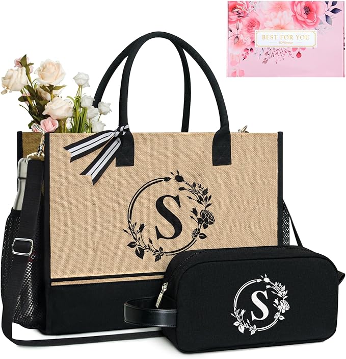 TOPDesign Personalized Initial Canvas Tote Bag, for Wedding, Birthday, Beach, Perfect Gifts for Women, Mom, Teachers, Friends