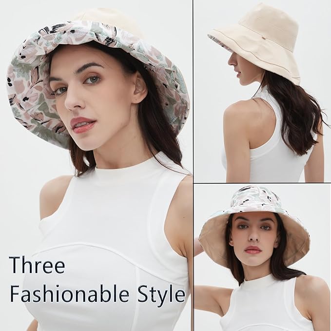 vidsel Womens Sun Hats Wide Brim Reversible Bucket Cotton Hat Packable Summer Travel Cap with Hat Clip,UV Protection