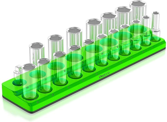 Olsa Tools Magnetic Socket Holder | 1/2-inch Drive | Metric | Green | Holds 19 Sockets | Professional Quality Tools Organizer