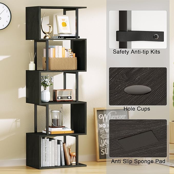 Furologee 6 Tier Bookshelf Tall Geometric Bookcase, S Shaped Industrial Display Standing Shelf, Metal and Wood Decorative Storage Room Divider Rack for Bedroom, Living Room, Office, Light Black Oak