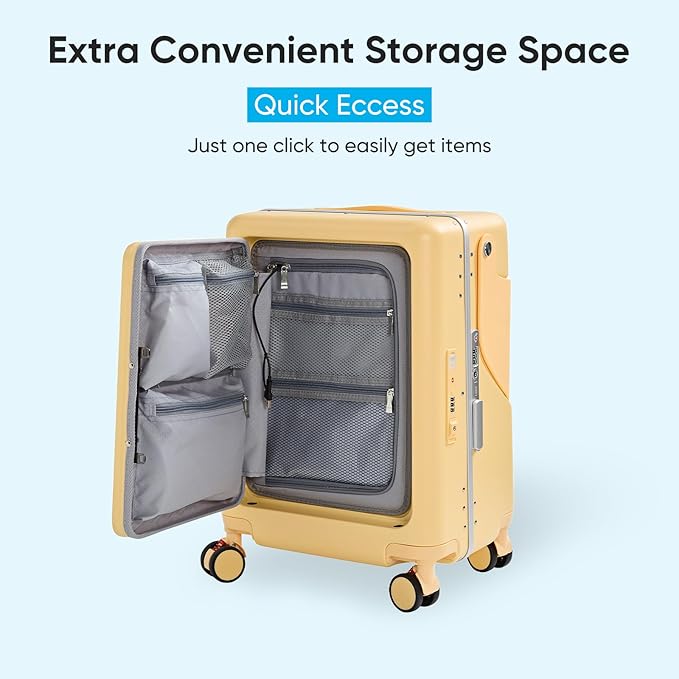 20 Inch Ride on Luggage With Seat For Kids&Adults,with Front Pocket, Foldable Seat Back TSA Approved Lock, 360° Spinner Wheels(20 inch,Yellow)