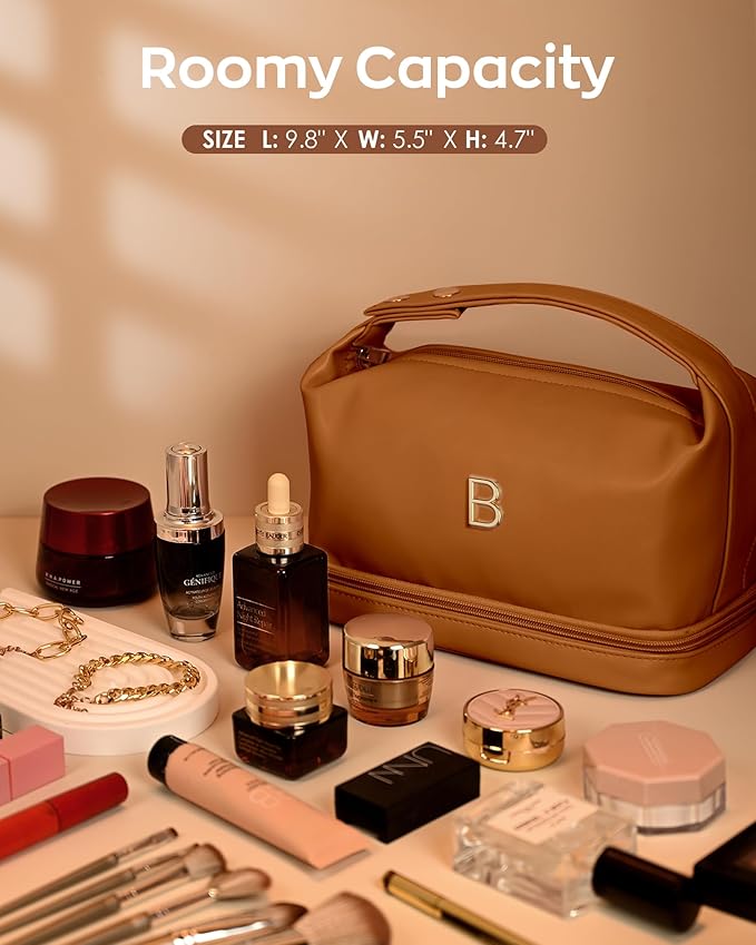 Personalized Gifts for Women Unique, Makeup Bag with Handle, Initial Double Layer Cosmetic Bag with Makeup Brush Organizer, Cute Cosmetic Pouch for Women, Gifts for Friends Female Mom