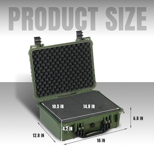 16x 12.8x 6.8 Inch Hard Case, Portable Weather Waterproof Protective Camera Case with Customizable Foam, Fit Use of Drones, Camera, Equipments, Green